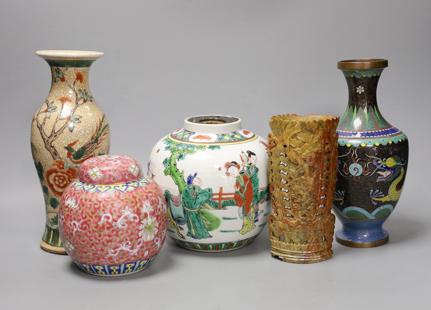 A Chinese famille verte crackle glaze vase, 25 cm high, a famille verte jar, a cloisonné enamel dragon vase, a soapstone vase and an enamelled jar and cover (5)